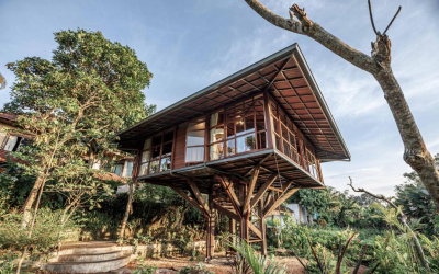 One of the elevated tree houses resting on poles above the ground.