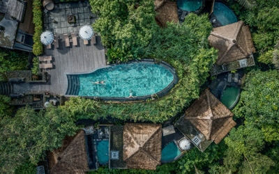 The Kayon Resort features an iconic pool overlooking the Balinese jungle.
