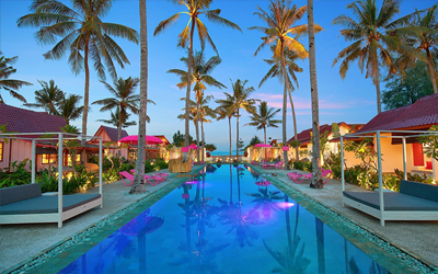 The pool and ocean view are the only thing not pink in this resort.