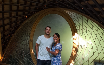 The circle behind us actually is the entrance to our pavilion bed room. All doors are circular, and even our king size bed had a circular shape!
