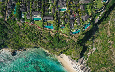 The resort towers above the Indian Ocean. A short stairway will get you down to the beach.