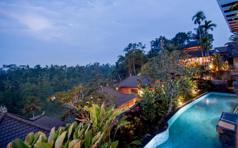 Ulun Ubud is positioned on a ridge overlooking a jungle river valley.