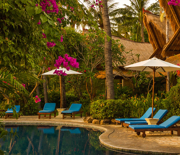 Lush gardens at the beachfront Santai in Amed.