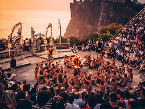 Traditional Balinese Kecak firedance at sunset.